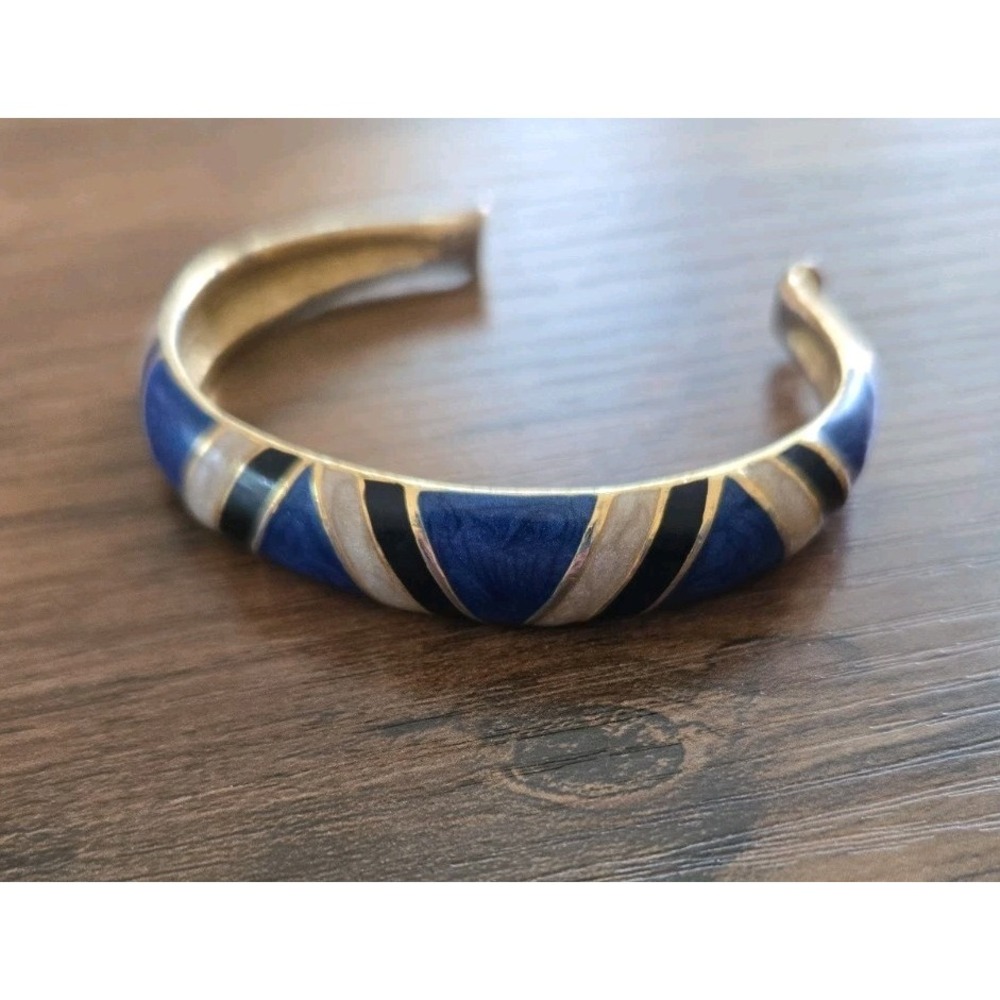 Vintage 1980s Orena Paris Cuff Bracelet Gold Tone W/Blue/Navy/Cream Enamel